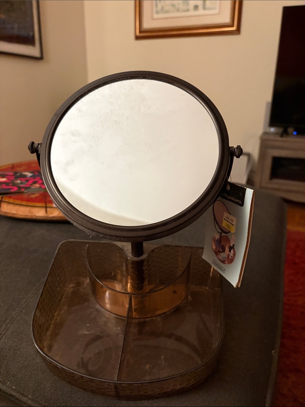 Double-Sided Bronze Vanity Mirror with Divided Tray